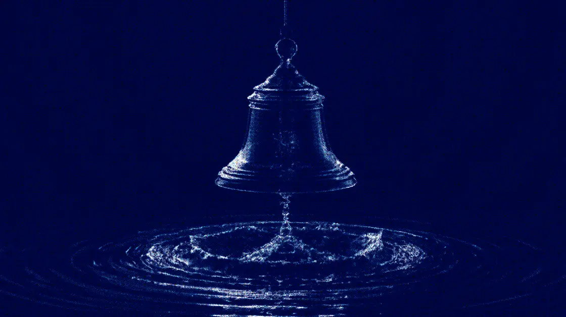 A glass bell over dark water, printed in halftone dots