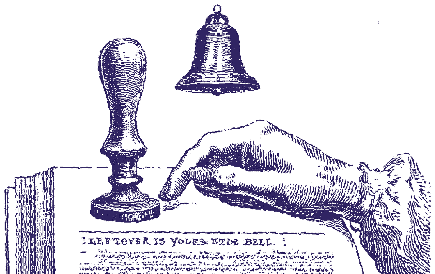a hand setting a seal on a document under a bell, engraving