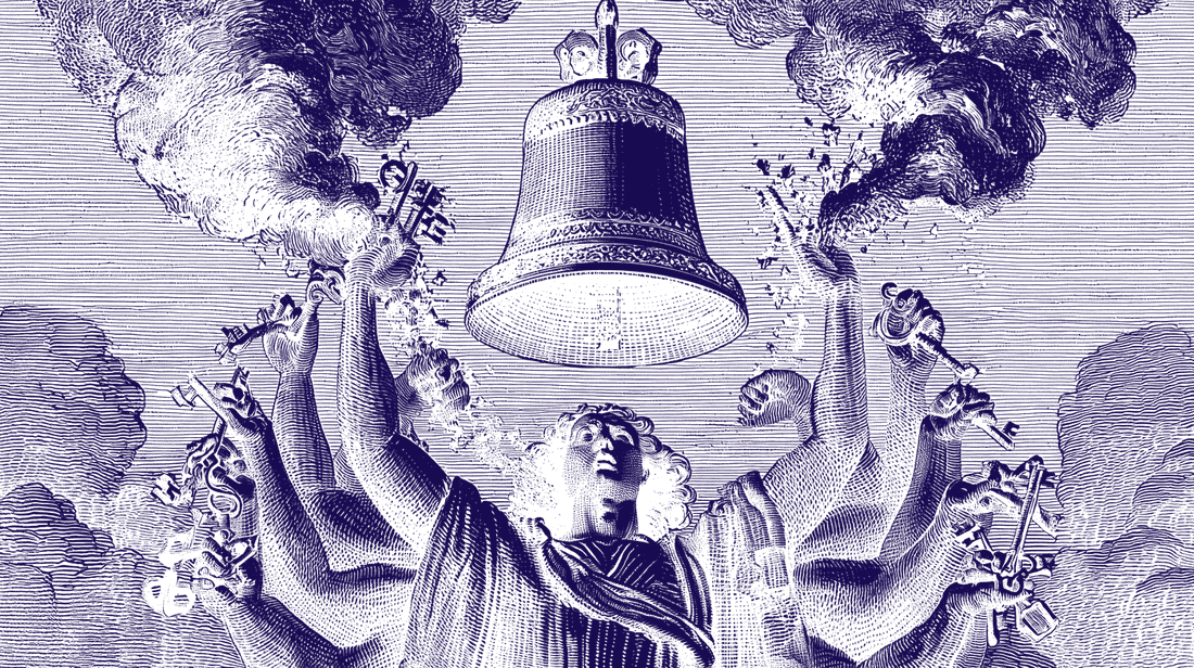 the hundred-handed one under the bell, the keys going up in smoke, engraving